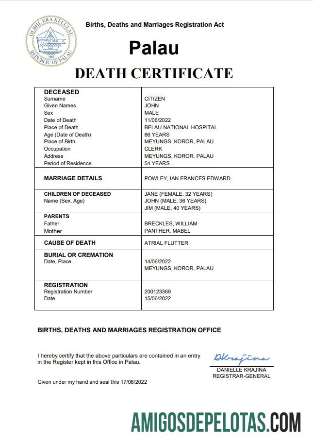 Em branco modelo Word e PDF de certidão de óbito de registro vital de Palau